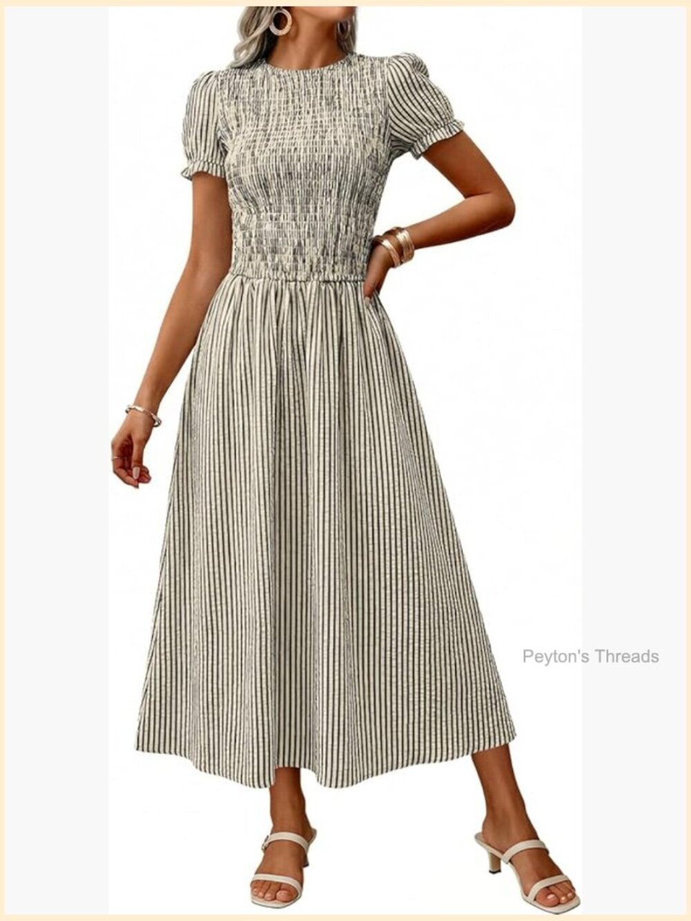Smocked Midi Dress with Puff Short Sleeves and Striped Pattern - Picture 1 of 7